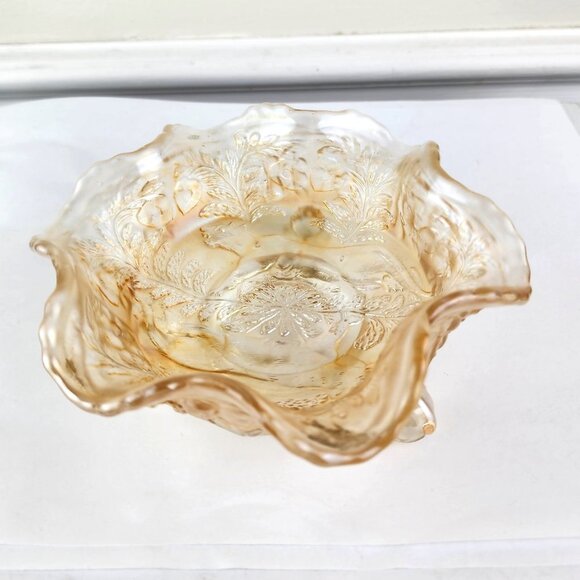 Depression Glass Pale Amber Bowl Claw Footed Bellflower Ruffled